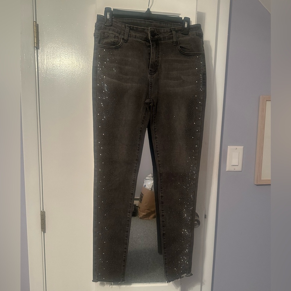 Vocal Distressed Black/Gray Color Skinny Jeans with Sparkle